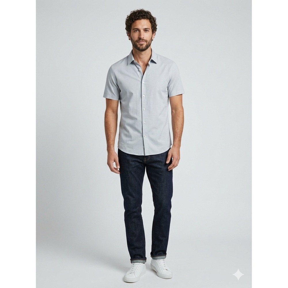 Billy Reid Mens Slim Fit Short Sleeve Button Down Shirt Blue White Pattern L